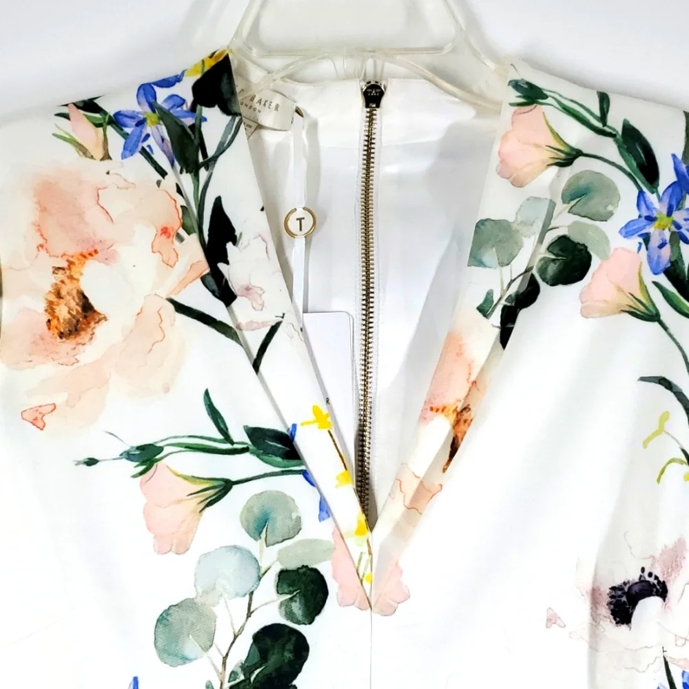 Ted Baker London Lylli Elegance Print V Neck White Bodycon Dress 4 NWT - Picture 3 of 16